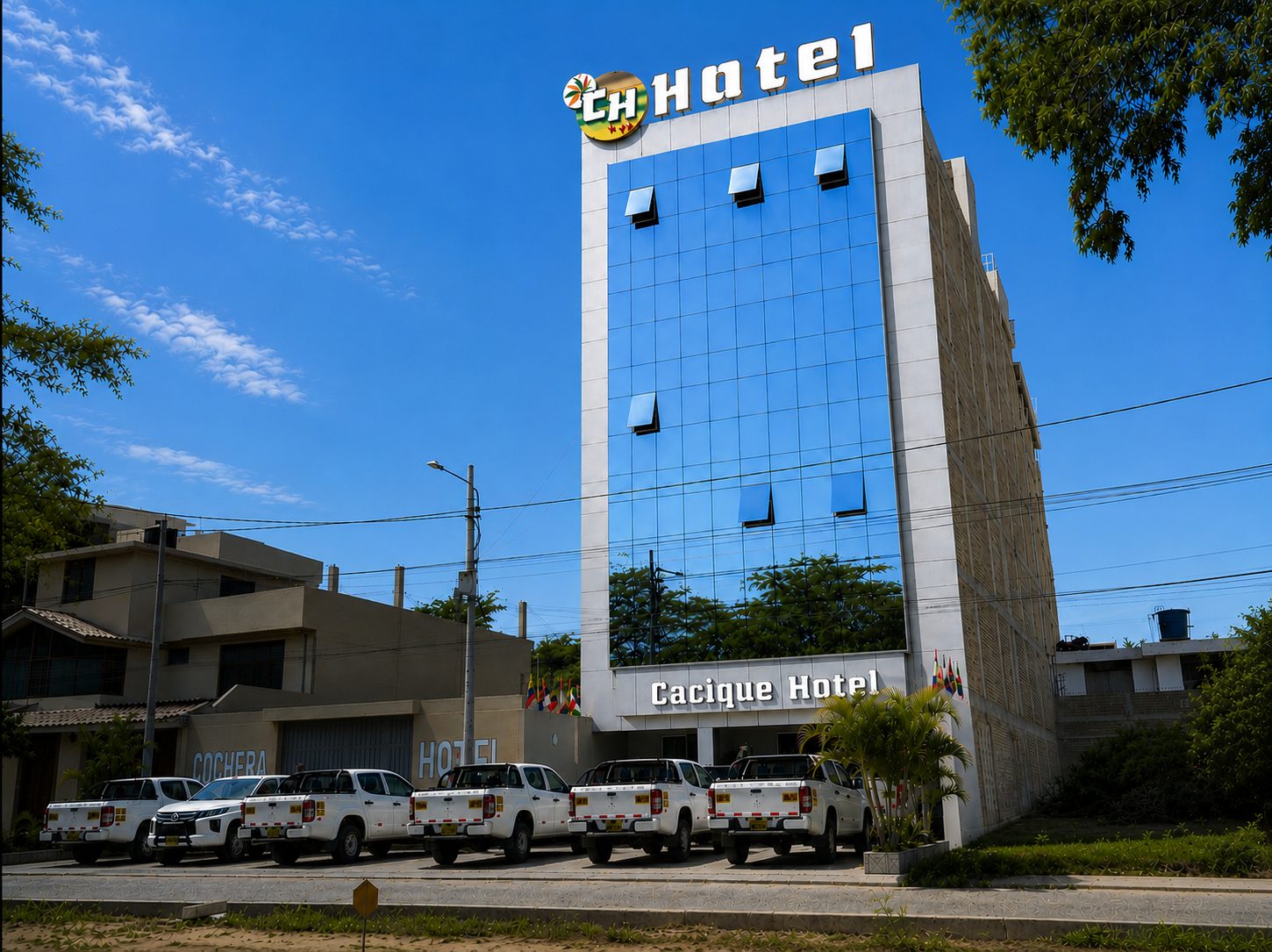 Cacique Hotel façade on Av. Guillermo Irazola, Castilla, Piura