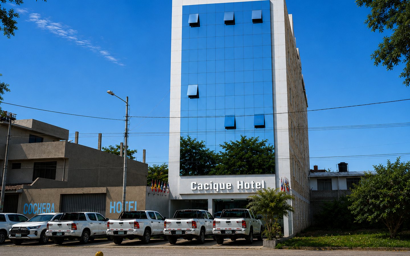 Cacique Hotel facade in Castilla, Piura