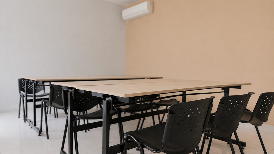 Modular tables and chairs in the Cacique Hotel auditorium, for training sessions and meetings